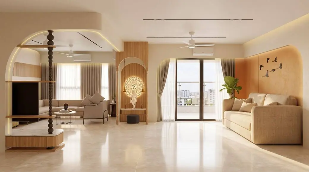 Contemporary flat living area with curves, Vadodara - Isha Patel