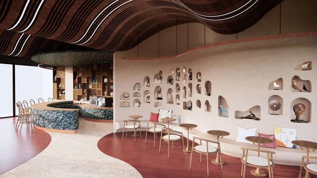 Sculptural café with flowing timber ceiling, Lisbon - Isha Patel