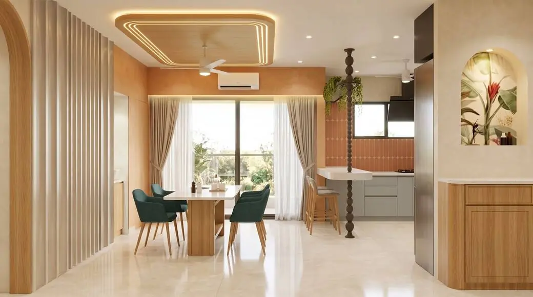 Open-plan living space with wood detailing